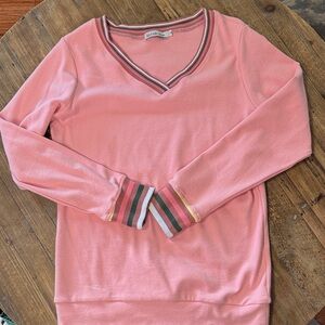 Michelle Mae Pink V-Neck Sweater with Striped Trim